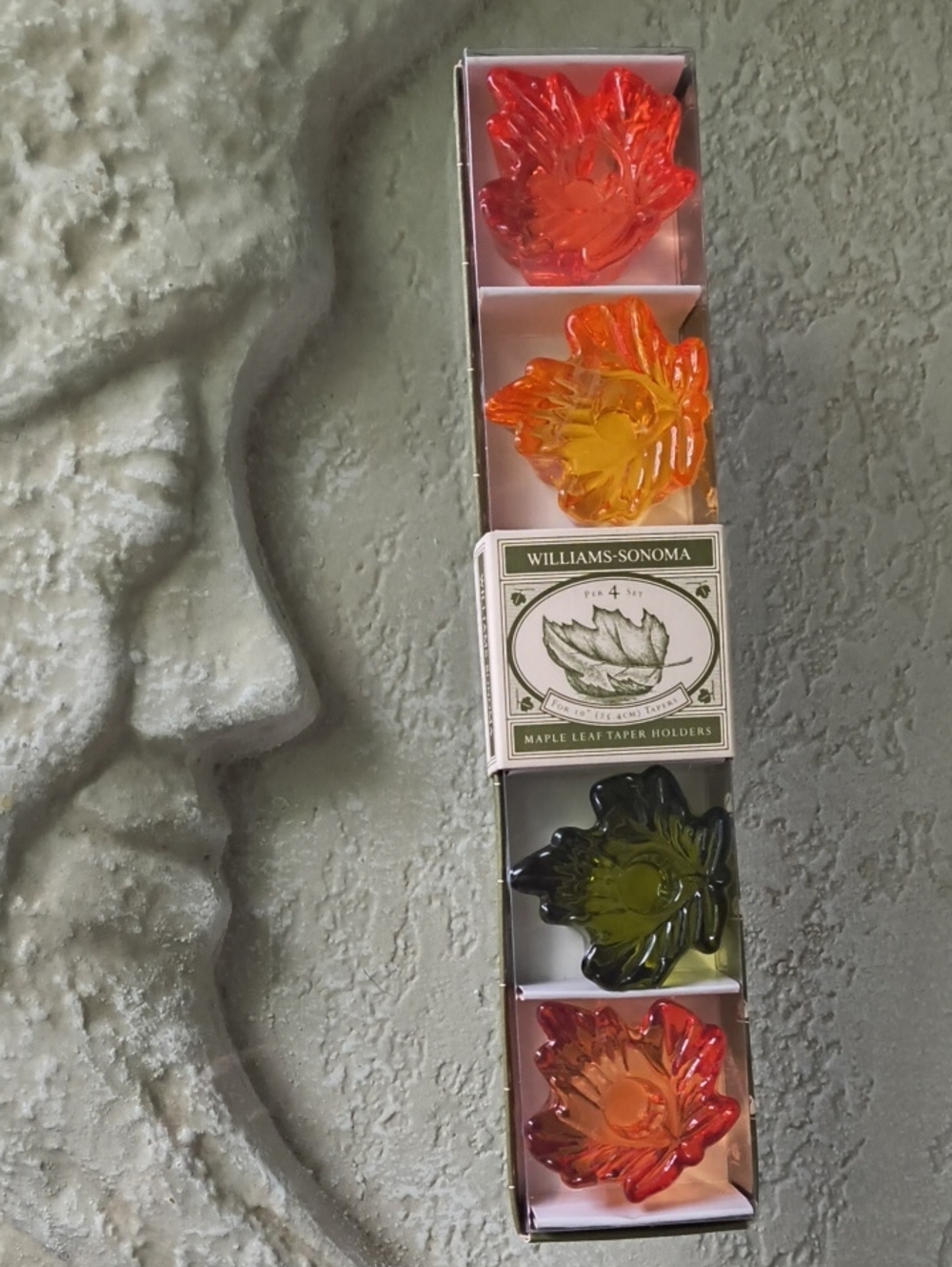 Williams Sonoma Maple Leaf Candle Taper Holders Glass Set of 4 NIB Thanksgiving